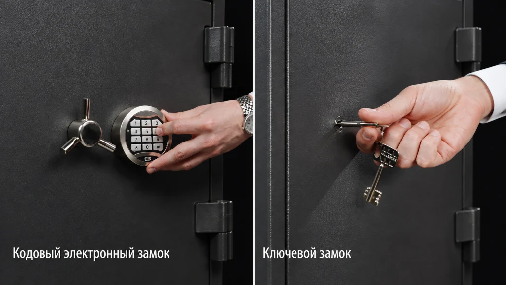 Крупный план электронного кодового и ключевого замков офисного сейфа