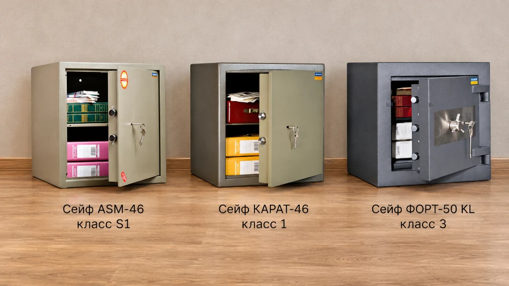 Три офисных сейфа разных классов взломостойкости с открытыми дверцами