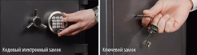 Кодовый электроный и ключевой замок офисного сейфа.