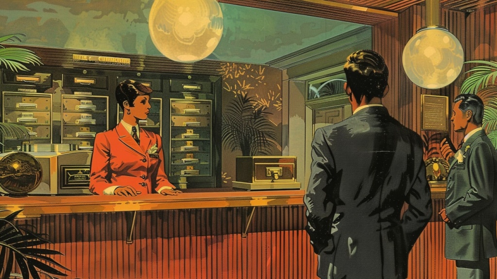 Сейфовые ячейки за стойкой ресепшен в отеле. 