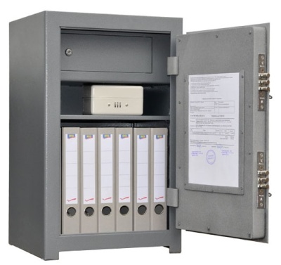 Офисный сейф US8 12.L33 — открытый, внутреннее устройство.