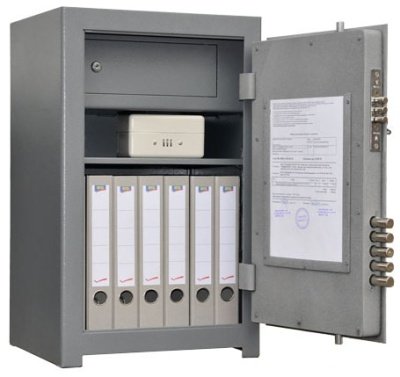 Офисный сейф US8 12.L43 — открытый, внутреннее устройство.
