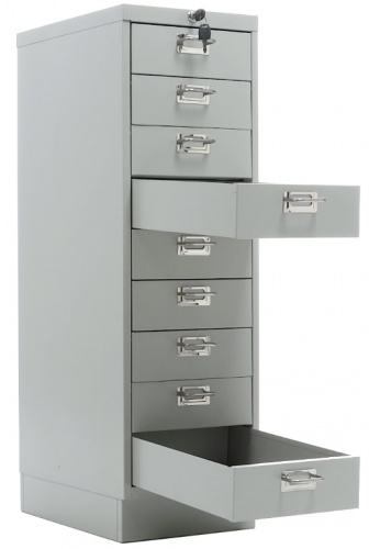Многоящичный шкаф Практик MDC-A4/910/9 — с выдвинутыми ящиками.