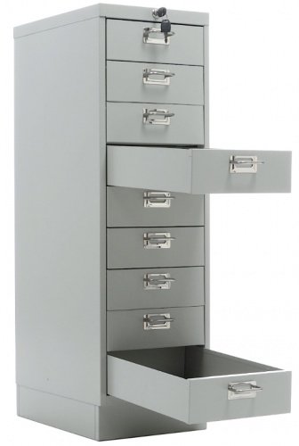 Многоящичный шкаф Практик MDC-A4/910/9 — с выдвинутыми ящиками.
