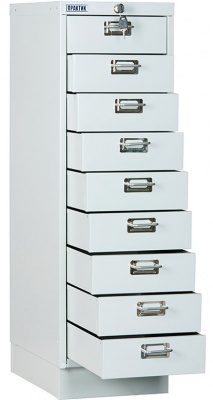 Многоящичный шкаф Практик MDC-A3/910/9 — с выдвинутыми ящиками.