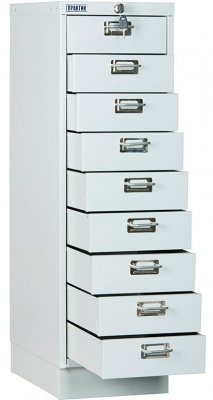 Многоящичный шкаф Практик MDC-A3/910/9 — с выдвинутыми ящиками.