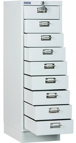 Многоящичный шкаф Практик MDC-A3/910/9 — с выдвинутыми ящиками.